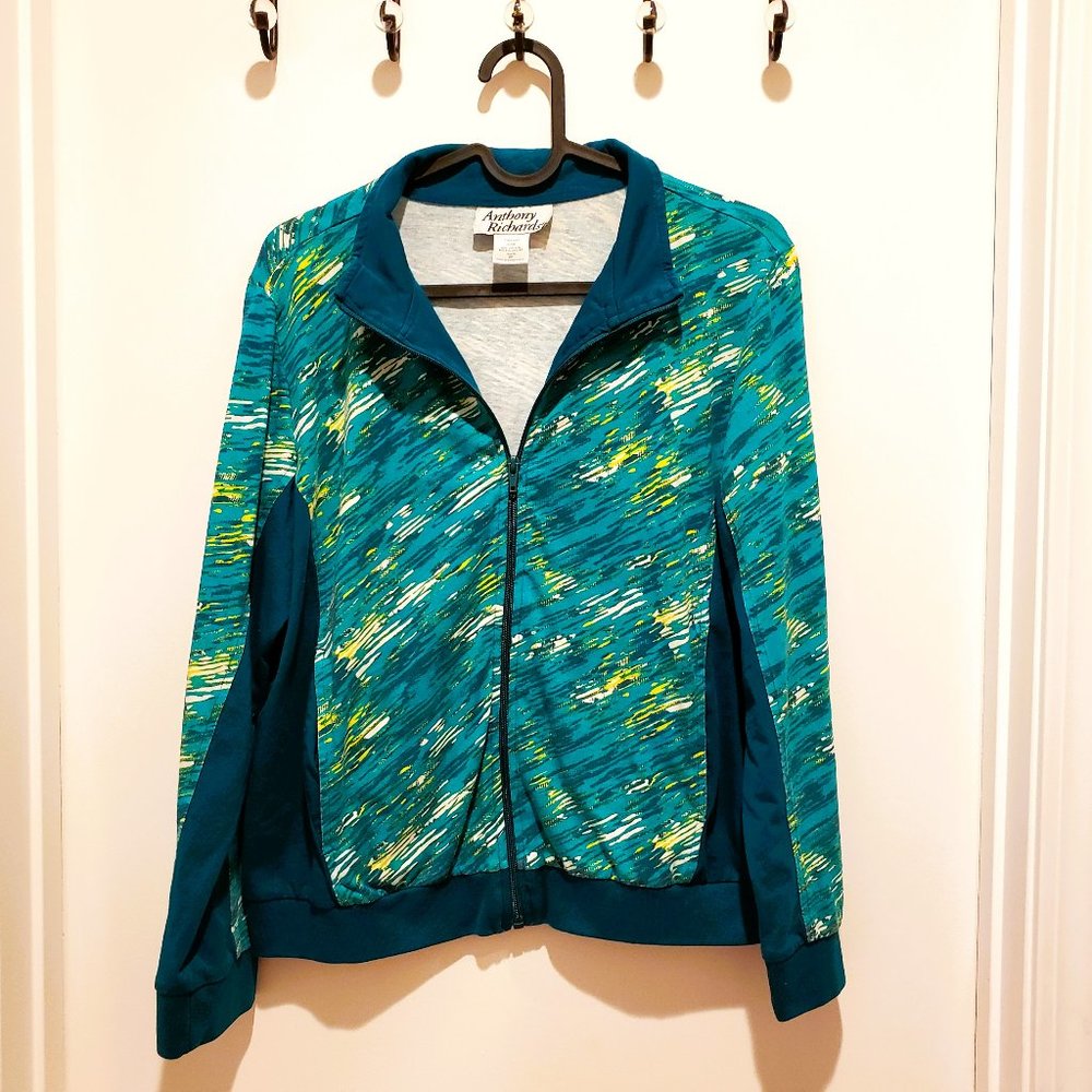 Anthony Richards Jacket Coat Green 90s Print Full Zip Size Petite Medium